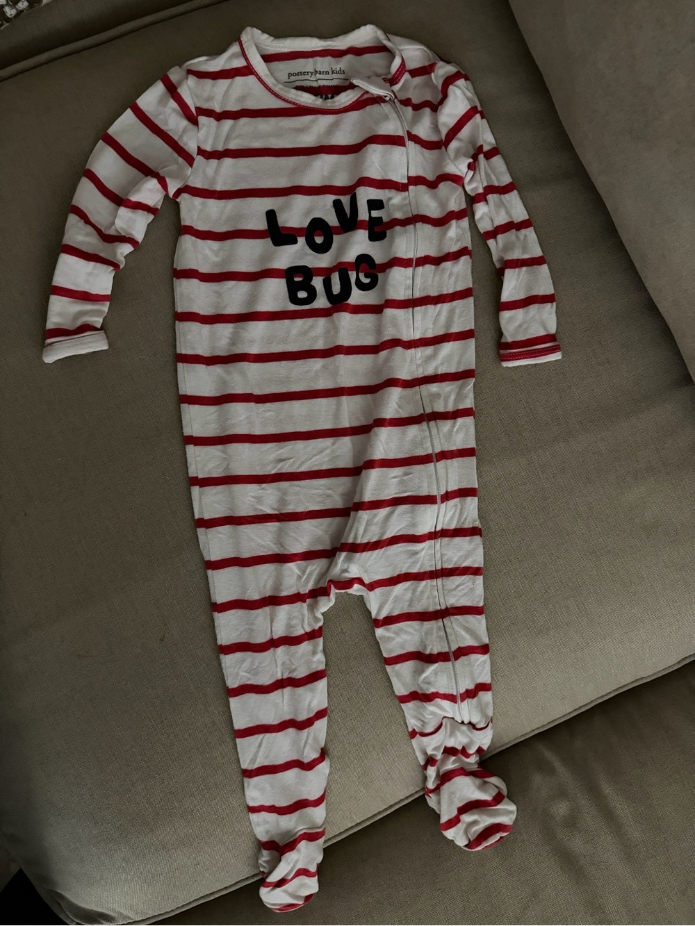 Pottery Barn Kids White and Red Striped "Love Bug" Footed One-Piece